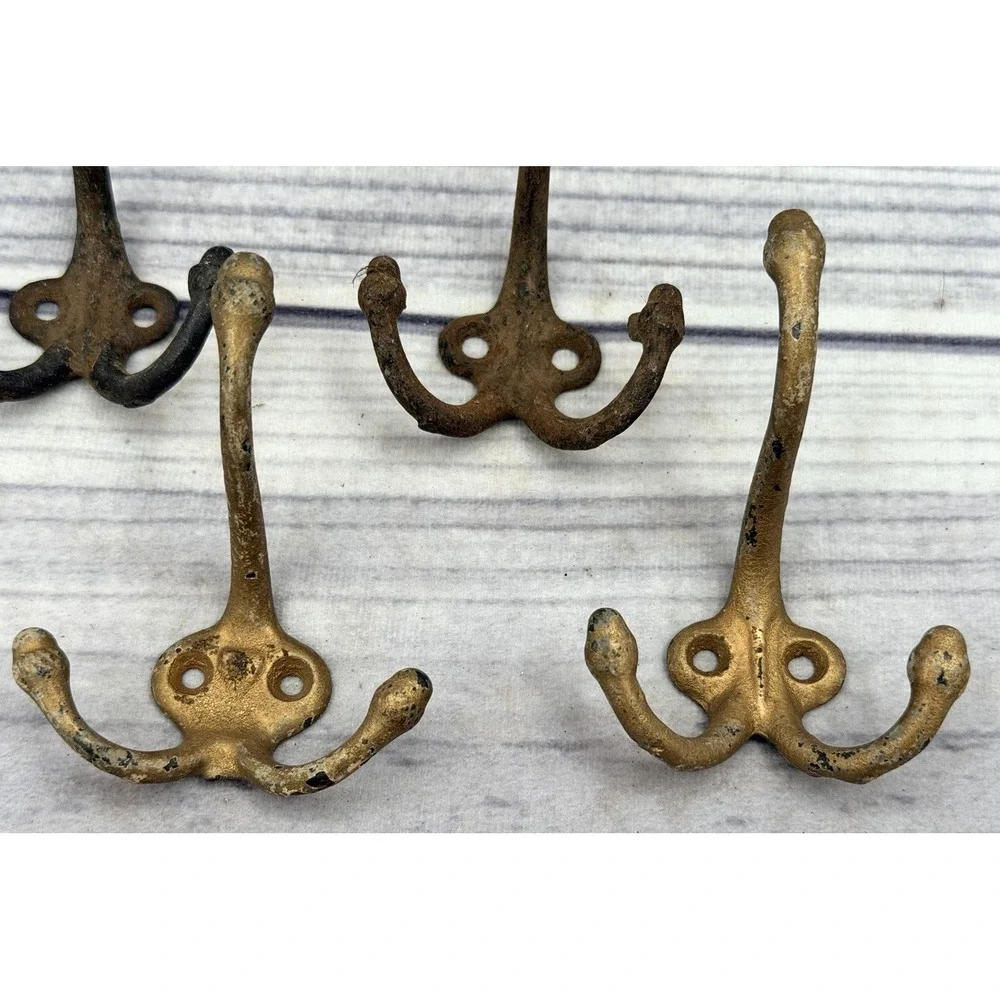 LOT OF 4 ANTIQUE SALVAGED CAST IRON DOUBLE COAT / HAT HOOKS